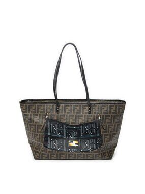 Fendi Roll Zip Tote Brown Black Resin Zucca Canvas